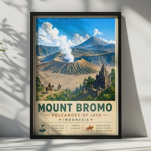 May include: A framed travel poster of Mount Bromo in Indonesia, featuring a smoking volcano, a stone temple, and two figures on horseback. The text reads MOUNT BROMO, VOLCANOES OF JAVA, INDONESIA, with coordinates and descriptive labels below.