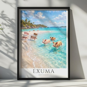 Puede incluir: Una lámina de arte enmarcada que muestra una escena de playa tropical con varios cerdos caminando por aguas turquesas claras. La orilla arenosa está bordeada de palmeras bajo un cielo azul con nubes. El texto EXUMA BAHAMAS aparece en la parte inferior.