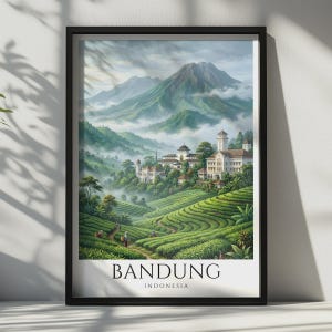 Bandung Indonesia Travel Poster, Tea Plantation Wall Art, Vintage Java Print