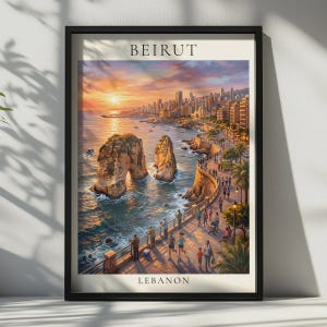 Kunstprint van Beiroet, Libanese kustscène, Muurdecoratie met zonsondergang, Stadsgezichtposter, Kustdecoratie, Vissers bij zonsondergang, Libanese kunst