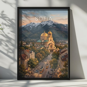 Sofia Bulgaria Travel Poster, Vintage City Art, Iconic Cathedral, Wall Art for Home Decor