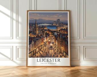 Leicester United Kingdom Poster, Leicester Skyline Wall Art, Evening Cityscape Print, UK Travel Decor