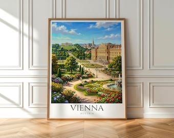 May include: A framed art print of Vienna, Austria, featuring a detailed illustration of a grand palace, gardens, and a fountain under a blue sky. The print has the word "VIENNA" and "AUSTRIA" in a minimalist font at the bottom.