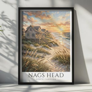 Plakat podróżniczy Nags Head w Karolinie Północnej, wydruk ścienny z motywem domu na plaży Outer Banks