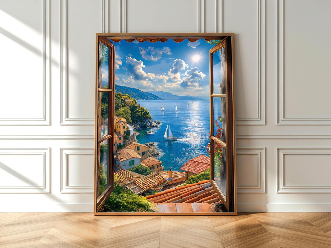 Mediterranean Sea Window View Wall Art Sailing Boats Coastal Travel ...