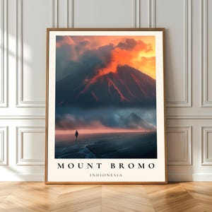 Mount Bromo Indonesia Travel Poster, Volcano Sunrise Print, Java Landscape Wall Art, Mountain Nature Decor