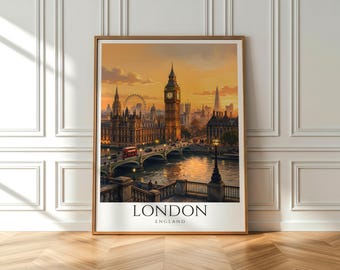 Puede incluir: Un cuadro enmarcado de Londres al atardecer. La imagen presenta el icónico Big Ben, el London Eye y un autobús rojo de dos pisos cruzando un puente sobre el río Támesis. La palabra "LONDON" está impresa en la parte inferior.