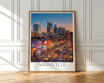 Nashville Tennessee Broadway Poster | Music City Night Wall Art | USA Street Scene Print