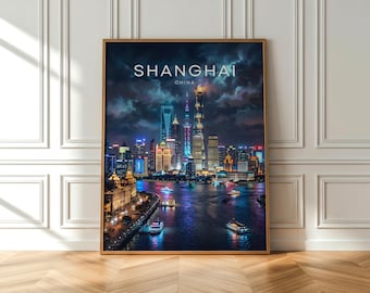 Shanghai Night Skyline Poster, China City Wall Art, Neon Bund Print, Modern Asian Travel Decor