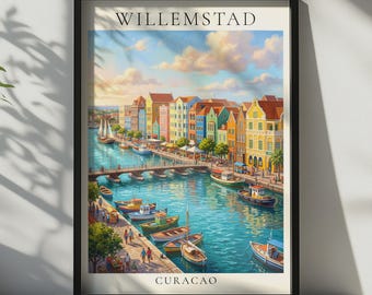 May include: A framed art print featuring a colorful cityscape of Willemstad, Curacao. The scene depicts a harbor with various boats docked along a stone quay, a bridge spanning the water, and vibrant colonial-style buildings under a bright sky.