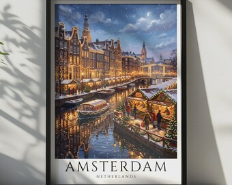 May include: A framed vertical poster depicting a snowy Amsterdam canal scene at night with illuminated buildings, a canal boat, and festive market stalls. The text AMSTERDAM NETHERLANDS is printed in black at the bottom of the white border.