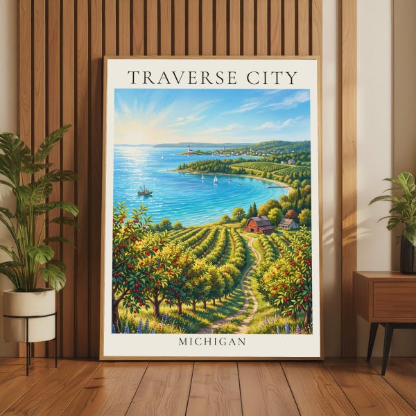 Traverse City Michigan Travel Poster, Cherry Orchard Lake Wall Art Print