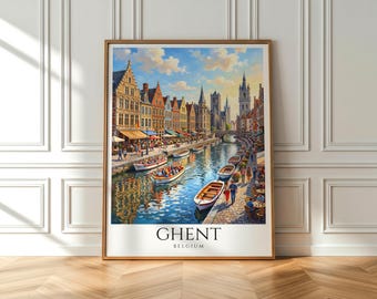 Gent Belgien Vintage Reseaffisch, Kanalstadsväggkonst, Belgisk arkitekturtryck, Europeisk resedekor