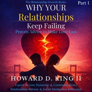 Puede incluir: Portada de libro con el título "WHY YOUR Relationships Keep Failing" y el autor Howard D. King II. La imagen presenta un corazón roto, dos figuras sentadas de espaldas y un puente al fondo. Parte de la serie "The Relationship Growth".