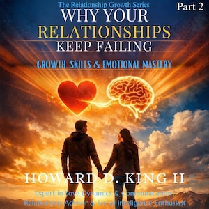 May include: Book cover for "Why Your Relationships Keep Failing" by Howard D. King II. The image shows a couple holding hands, with a heart and brain illuminated in the sky. The book's title and author's name are prominently displayed.