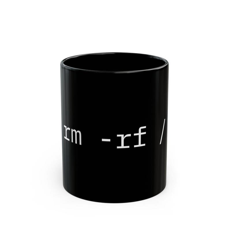 Linux Command Line rm -rf Terminal Code Mug | Black Ceramic image 1