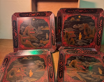 Vintage Japanse borden, set van 4 met houten kist, originele handgeschreven poëzie, inzetstuk, schilderachtig pagodeontwerp