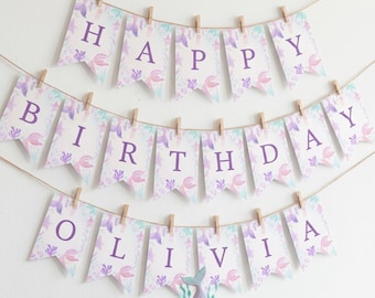 Striscione con bandierine a tema sirena stampabile | Decorazioni per compleanno a tema sottomarino | Striscione per feste a tema oceano | Bandierine per compleanno di bambine stampabili