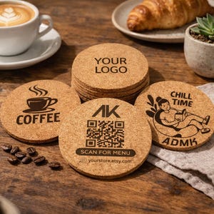 Custom Engraved Cork Coasters with Logo | Personalised Business Coasters | QR Code Coasters | Cafe Bar Restaurant Branding | Eco Friendly