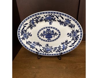 Bandeja ovalada Sterling China York Kitchen Equipment NY azul y blanca de 12" x 8.25" VTG
