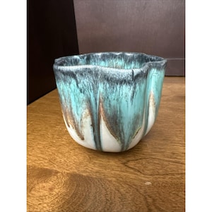 Hoffman Pottery Planter Vase Turquoise Drip Glaze Ruffle Rim 34-3 Vintage