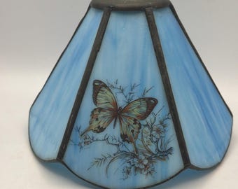 Lamp Shade Blue Slag Glass 6 Panels Hand Painted Butterfly Signed 5.5" Vintage