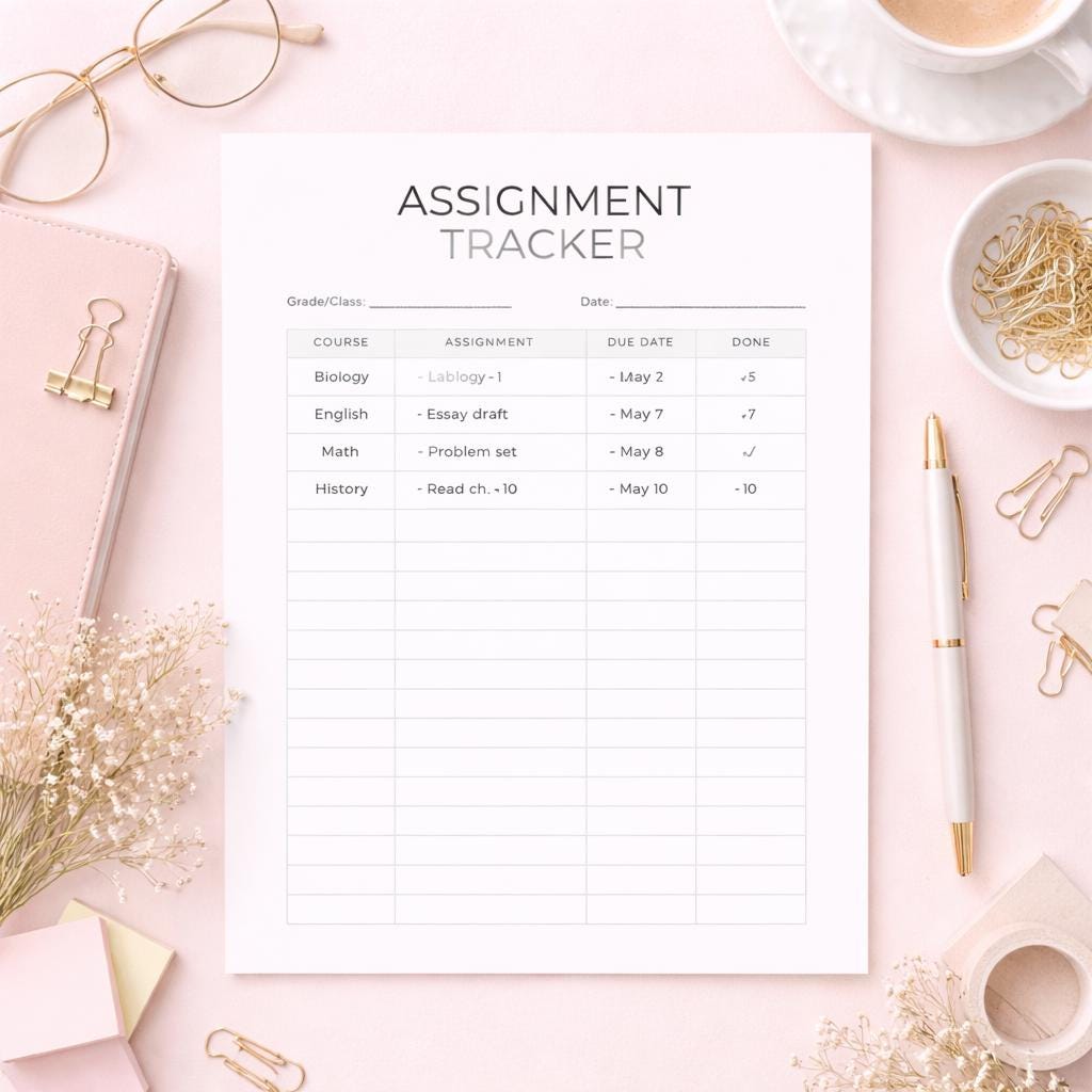 Clean Assignment Pages Minimalist Assignment Tracker Printable | Student Homework Planner ...