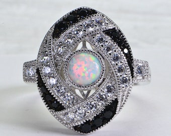 Black and White Diamond Opal Ring Large Statement Ring Gift For Girlfriend Multi Stone Ring Sterling Silver