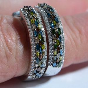 Multi Color Genuine Diamond Large Hinge Hoop Earrings Sterling Silver Vintage Style  1970s