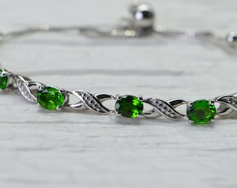 Natural Chrome Diopside Bolo Adjustable  Bracelet Oval Cut  set in sterling silver Russian Emerald Bracelet Infinity Style Bracelet