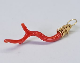 Genuine Red Coral Branch Pendant Wire Wrapped on 14K Yellow Gold Filled Italian Red Coral