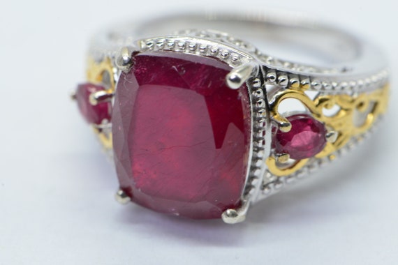 Emerald Cut Ruby Ring: 14K Gold Sterling Silver P… - image 1