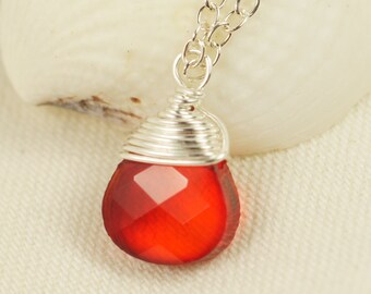 Wire Wrapped Red Teardrop. Silver Wired Briolette, Flat Teardrop, Siam Briolette.