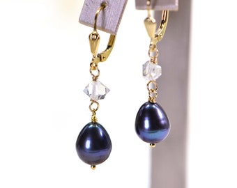 Black Pearl Herkimer Diamond Earrings Baroque Pearl Earrings Chandelier  Pearl Earrings Birthstone July  Gift for Her