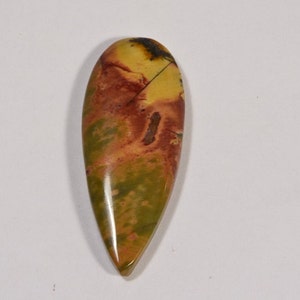 May include: A polished, teardrop-shaped gemstone with a blend of colors. The stone features a base of olive green, transitioning to shades of orange and yellow, with dark brown veining. The gemstone is smooth and glossy.