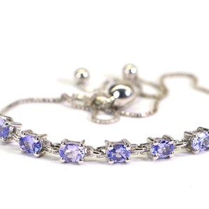 Natural Tanzanite Delicate Bracelet Oval Stone Set in Sterling Silver Adjustable Bolo Style Bracelet Birthstone December