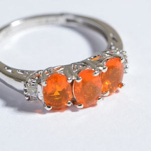 Mexican Fire Opal, Baguette Diamond   Rhodium over Sterling Silver  Three stone Ring Birthstone October Women Rings