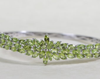 Natural Peridot Marquise Bangle Bracelet Flower Cluster  Multi Stone Bracelet Yellow Green Gems Sterling Silver Vintage Bracelet Gift Women