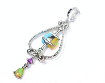 Vintage Sterling Silver Teardrop Pendant: Ethiopian Opal & Sleeping Beauty Turquoise