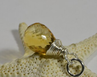 Sterling Silver Wire Wrapped Citrine Teardrop Dangle: Birthstone Pendant