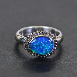 Blue Green Solid Australian Opal Ring Sterling Silver Bezel Setting Natural Opal Ring Gemstone Artisan ring October Birthstone Gift for wife