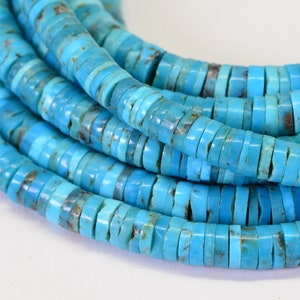 May include: A strand of turquoise beads, each bead is a flat, round disc with a light blue color and brown markings.