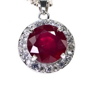 Natural Ruby Halo Style Pendant Fancy Backed Sterling Silver Necklace Ruby Pendant Birthstone July
