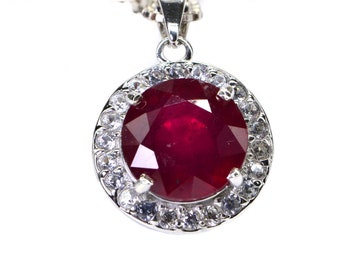 Natural Ruby Sterling Silver Halo Pendant Necklace: July Birthstone