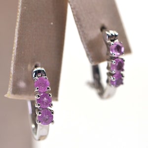 Natural Pink Sapphire Tiny Hoop Three Stone Hinge Earrings Post back