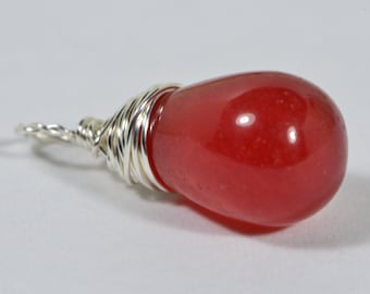 Red Jade Teardrop Pendant: Sterling Silver Wire Wrapped Dangle
