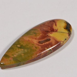 May include: A polished, teardrop-shaped gemstone with a mix of colors. The stone features a blend of green, yellow, and red hues, with darker brown and black accents. The surface is smooth and glossy.