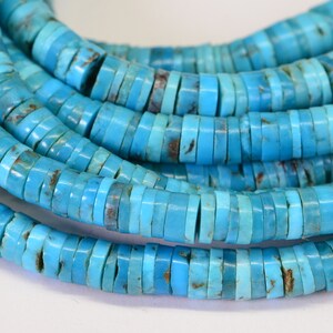 May include: A strand of turquoise beads, each bead is a flat, round disc with a light blue color and brown markings.