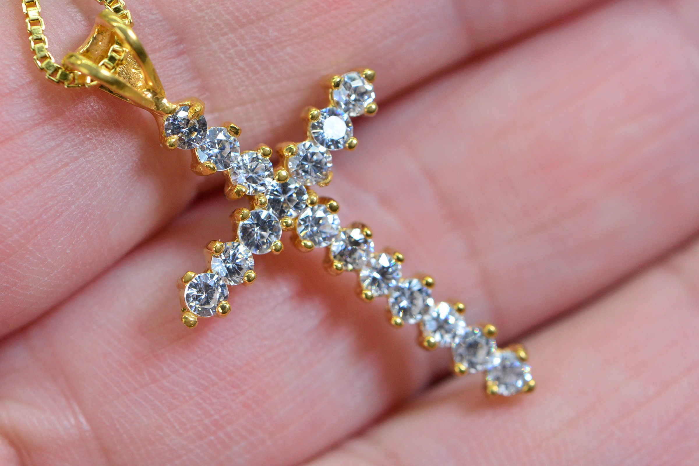 24K Yellow Gold Over Sterling Silver Diamond Cross Pendant Necklace ...