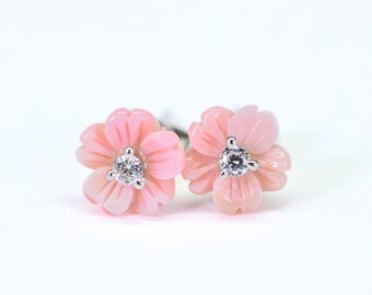 Queen Conch Shell Pink Flower Earrings Delicate Tiny Studs Small Simulated Diamond 14K White Gold Over Sterling Silver Wedding Bridal Gift